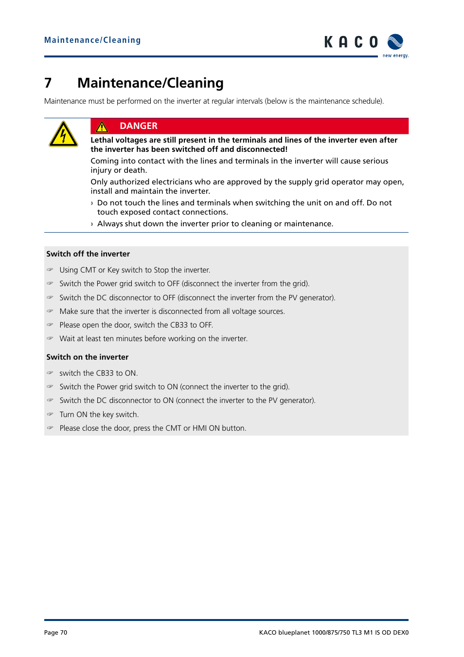 7maintenance/cleaning | KACO blueplanet 750 - 1000 kVA User Manual | Page 70 / 140