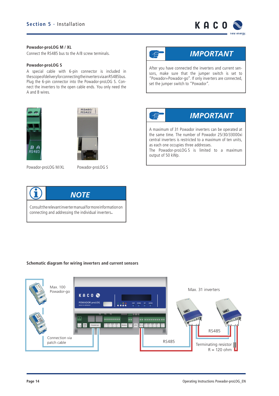 Important, Rs485, Page 14 operating instructions powador-prolog_en | Max. 100 powador-go connection via patch cable | KACO Powador-proLOG User Manual | Page 13 / 48