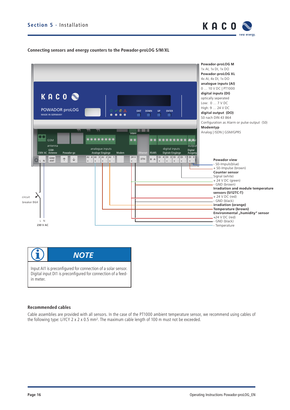 Recommended cables, Powador prolog | KACO Powador-proLOG User Manual | Page 15 / 48