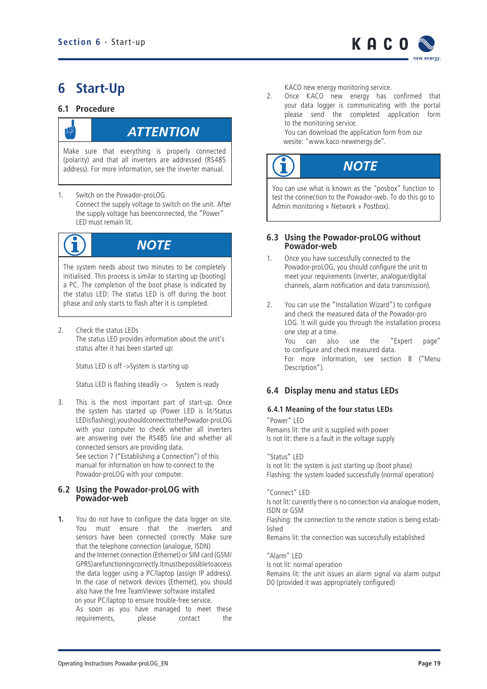 6 start-up, Attention | KACO Powador-proLOG User Manual | Page 18 / 48