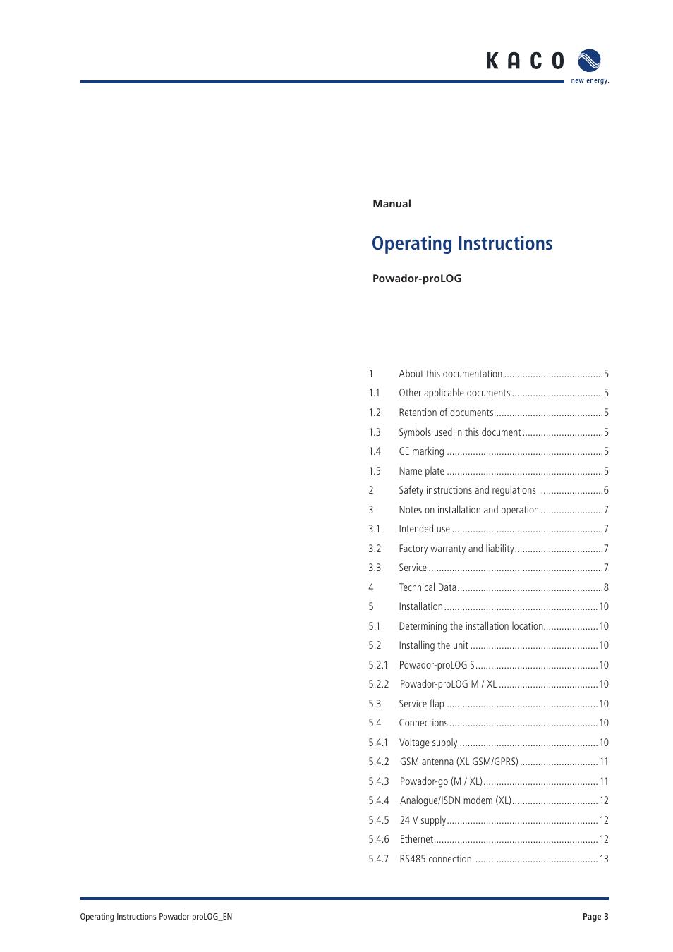 31001085-02-120503_hb_powador-prolog_inhalt_en, Operating instructions | KACO Powador-proLOG User Manual | Page 2 / 48