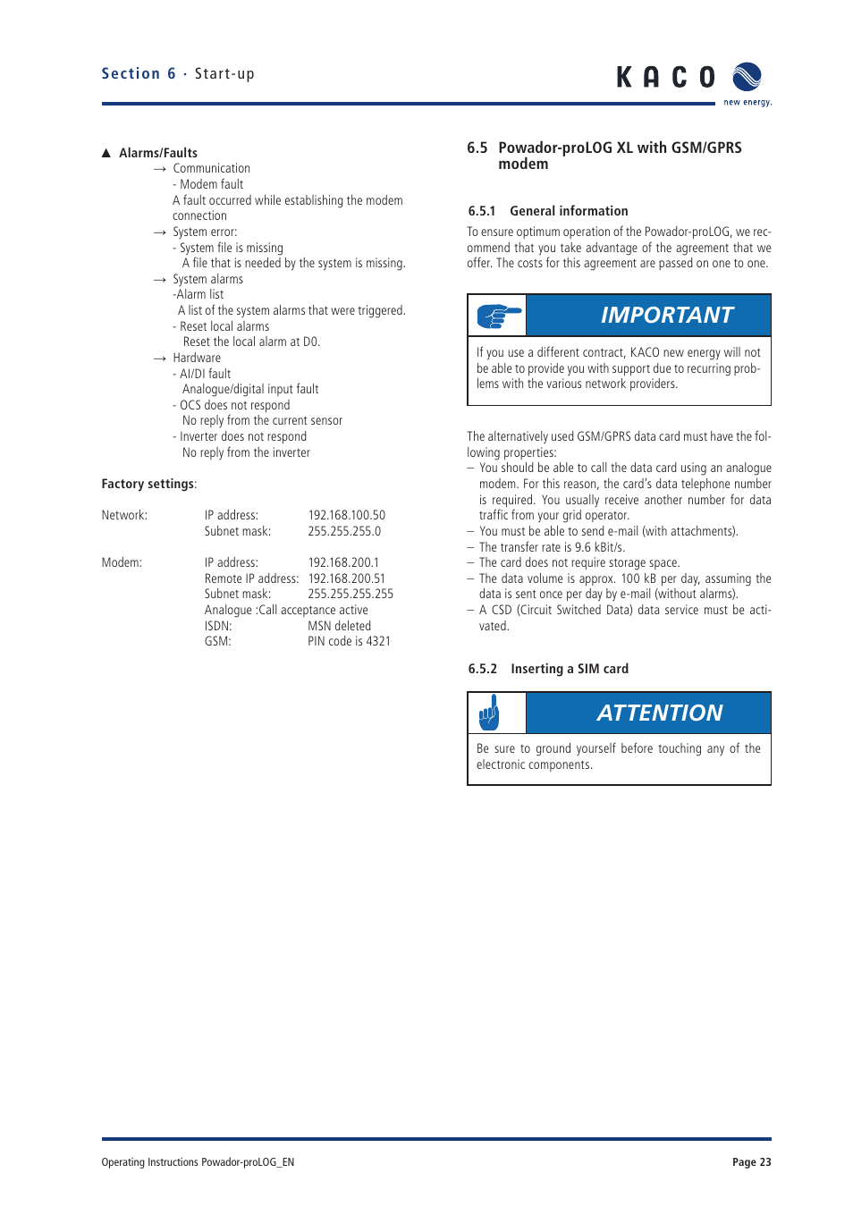 Important, Attention | KACO Powador-proLOG User Manual | Page 22 / 48