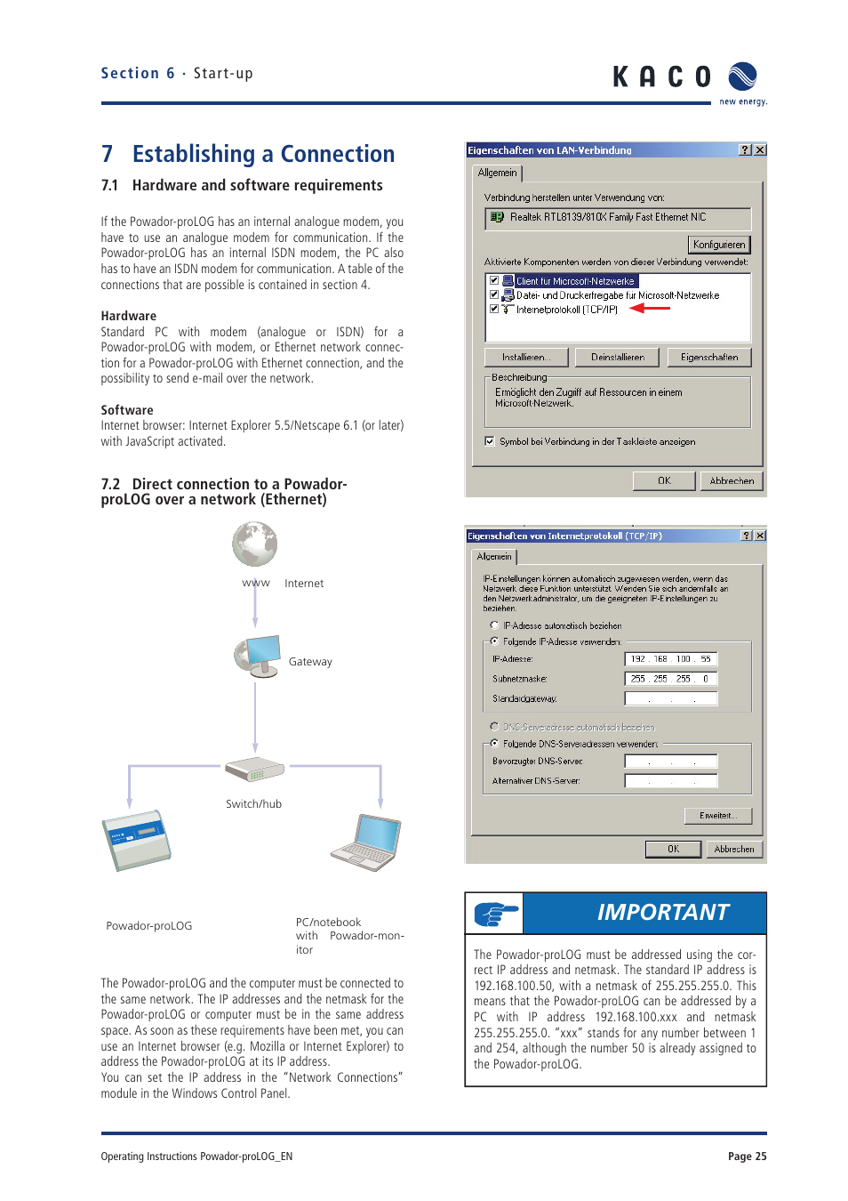 7 establishing a connection, Important | KACO Powador-proLOG User Manual | Page 24 / 48