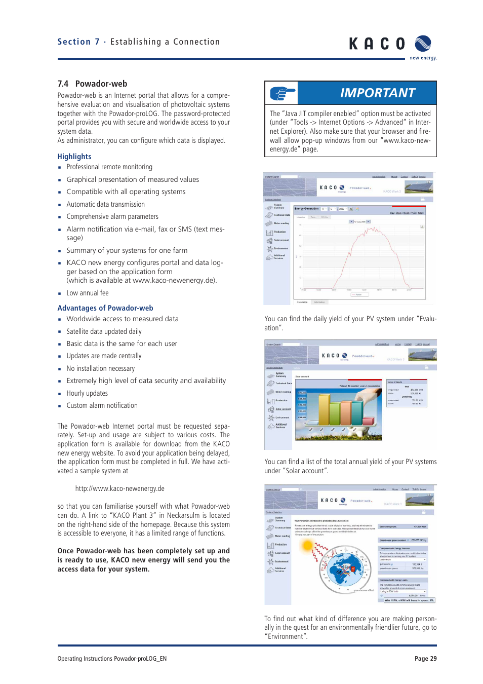 Important, 4 powador-web, Highlights | Advantages of powador-web | KACO Powador-proLOG User Manual | Page 28 / 48