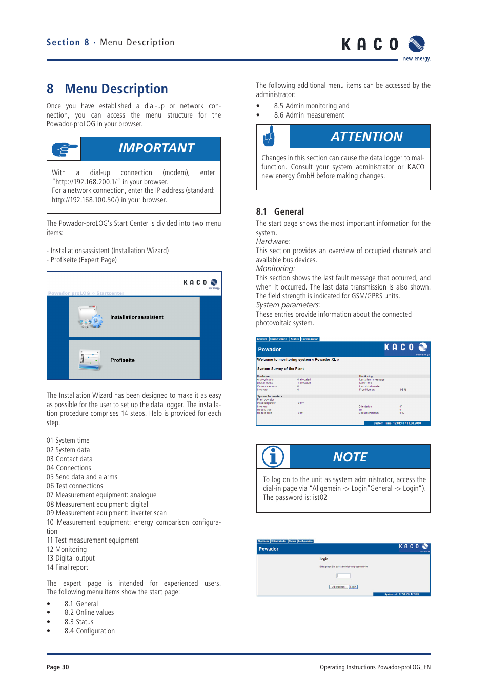 8 menu description, Important, Attention | KACO Powador-proLOG User Manual | Page 29 / 48