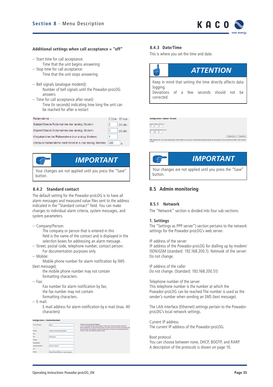 Important, Attention | KACO Powador-proLOG User Manual | Page 34 / 48