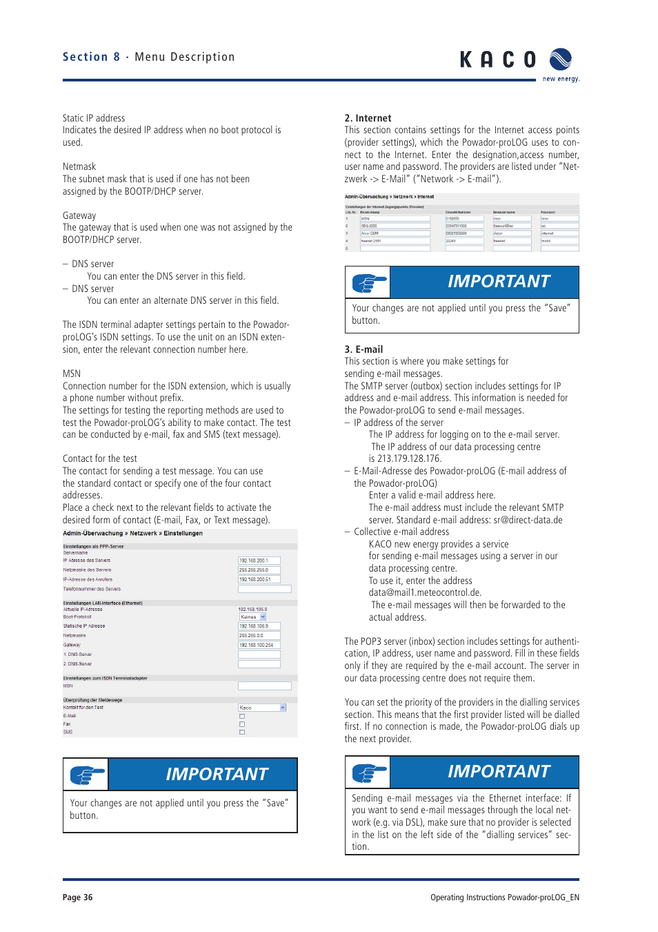 Important | KACO Powador-proLOG User Manual | Page 35 / 48