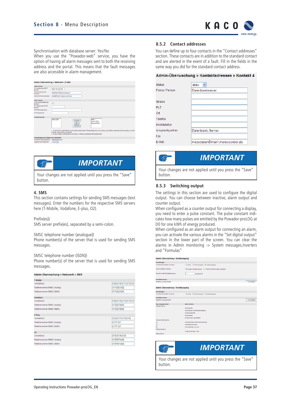 Important | KACO Powador-proLOG User Manual | Page 36 / 48