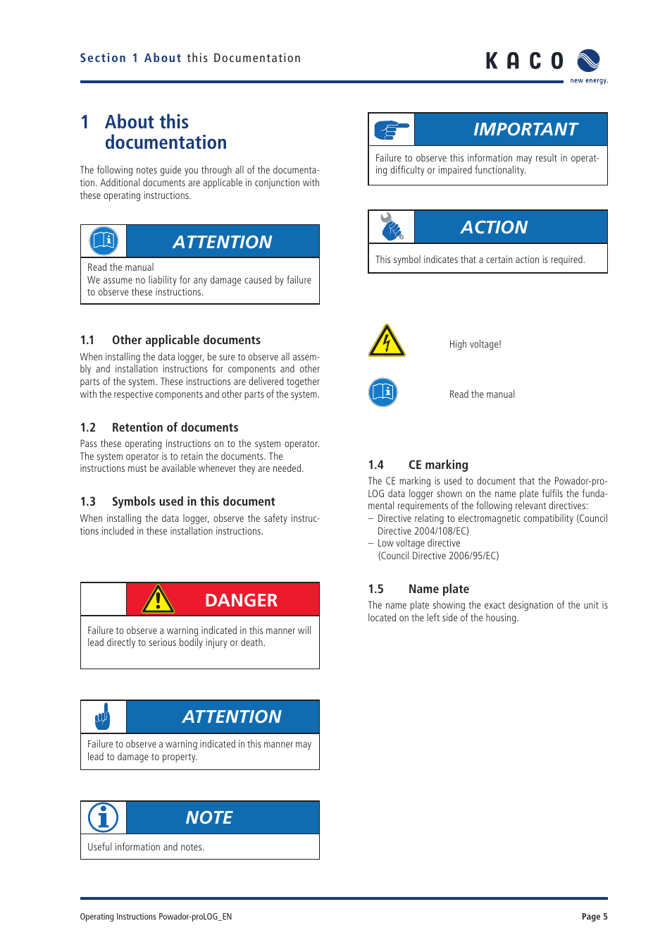 1 about this documentation, Attention, Important | Danger, Action | KACO Powador-proLOG User Manual | Page 4 / 48