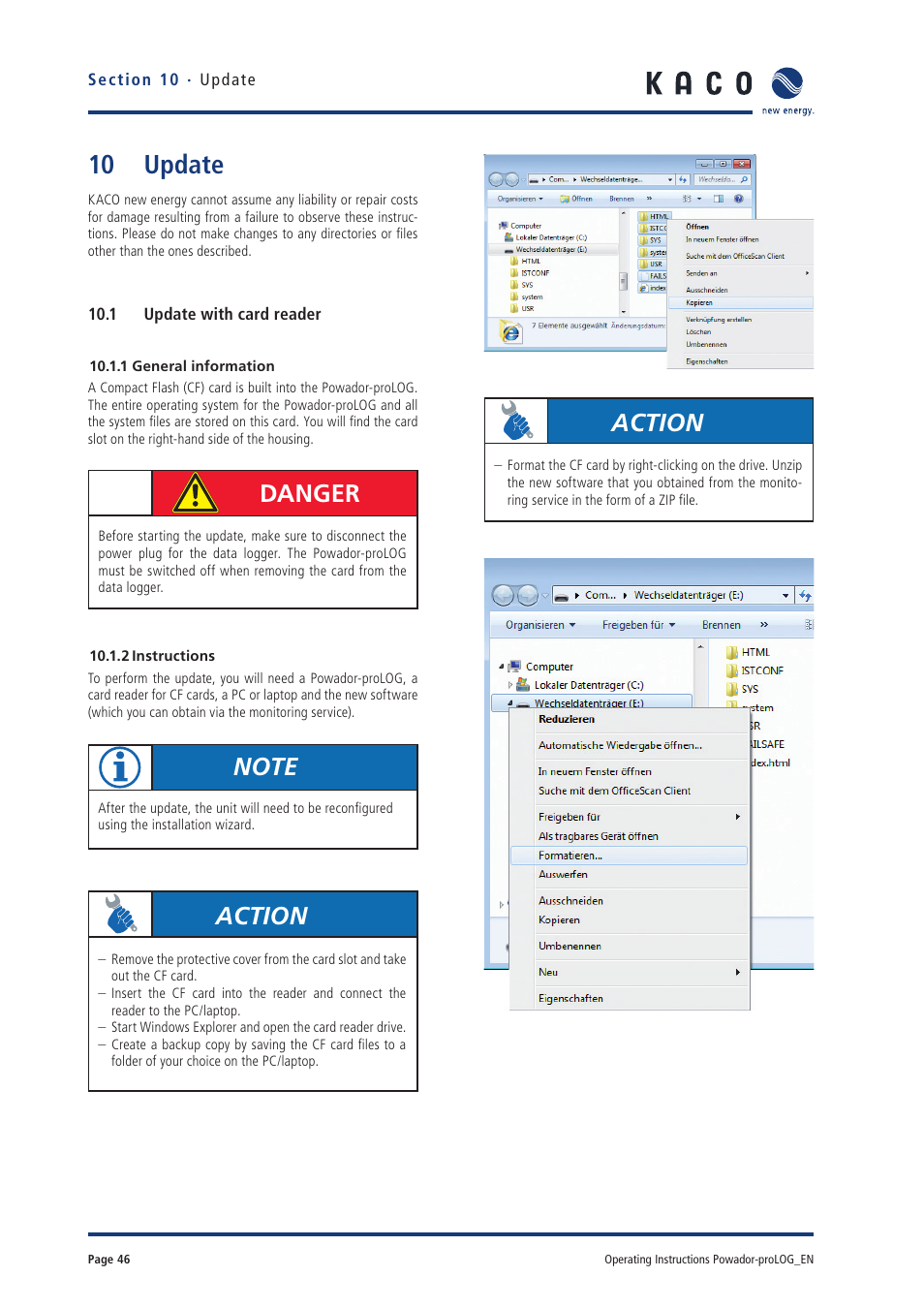 Update, Danger, Action | KACO Powador-proLOG User Manual | Page 45 / 48