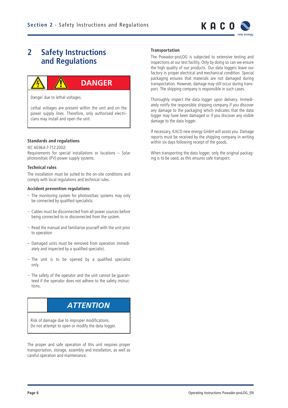 2 safety instructions and regulations, Danger, Attention | KACO Powador-proLOG User Manual | Page 5 / 48