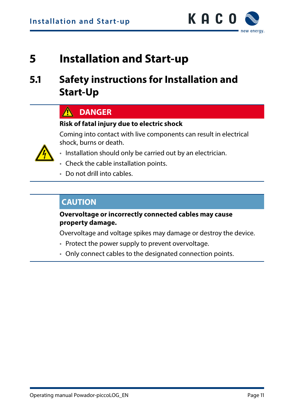 5 installation and start-up, Installation and start-up, Safety instructions for installation and | Start-up, 5installation and start-up | KACO Powador-piccoLOG User Manual | Page 11 / 28