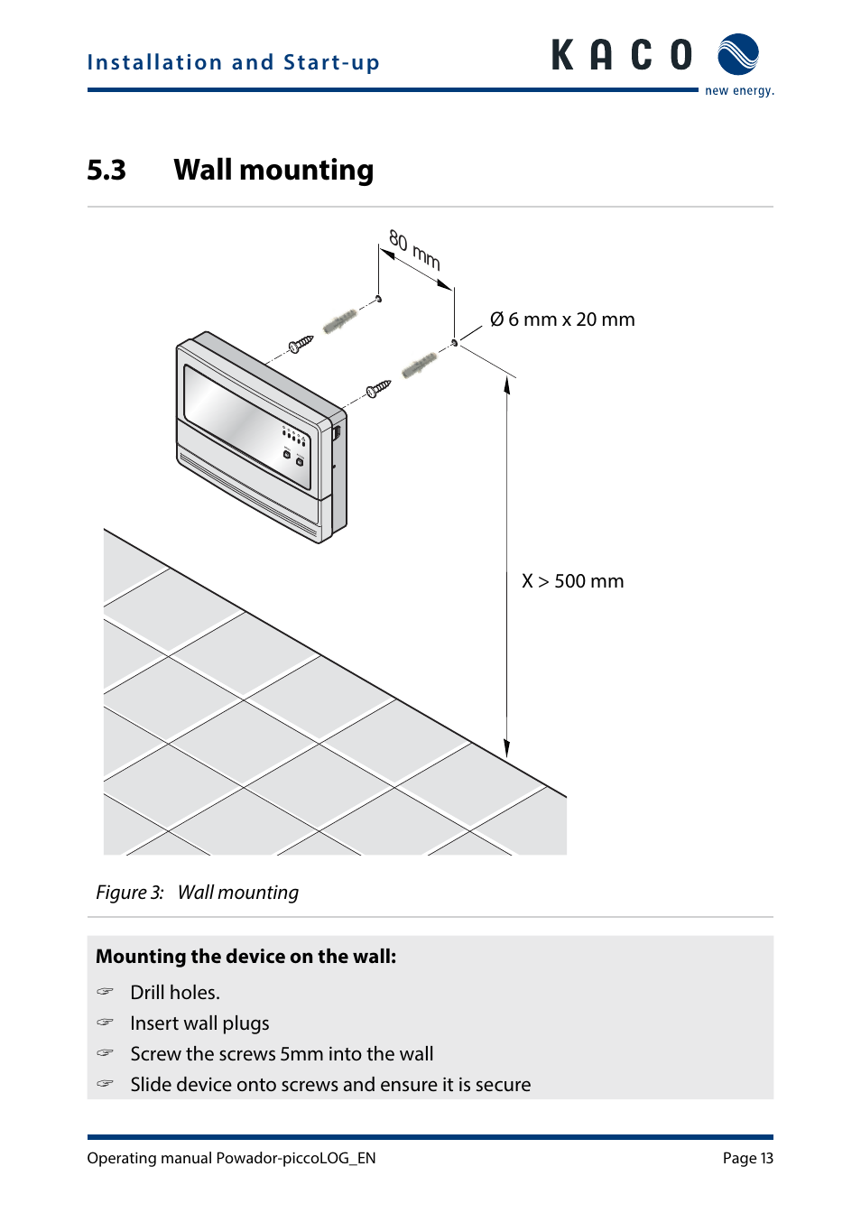 3 wall mounting, Wall mounting, Installation and start-up | 80 m m | KACO Powador-piccoLOG User Manual | Page 13 / 28