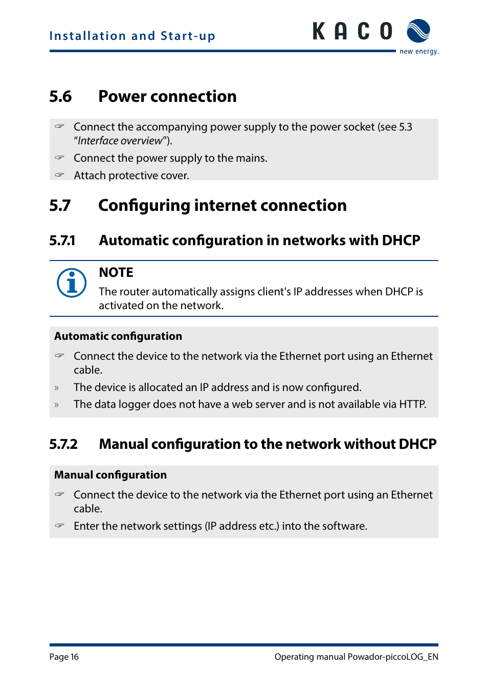 6 power connection, 7 configuring internet connection, Power connection | Configuring internet connection, 1 automatic configuration in networks with dhcp, 2 manual configuration to the network without dhcp | KACO Powador-piccoLOG User Manual | Page 16 / 28