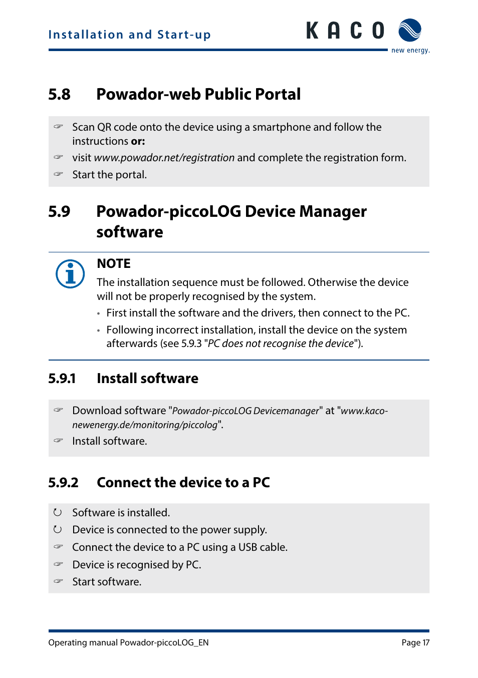 8 powador-web public portal, 9 powador-piccolog device manager software, Powador-web public portal | Powador-piccolog device manager, Software, 1 install software, 2 connect the device to a pc | KACO Powador-piccoLOG User Manual | Page 17 / 28