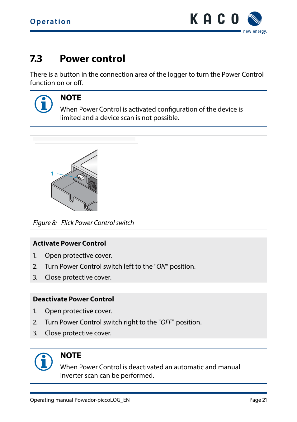 3 power control, Power control | KACO Powador-piccoLOG User Manual | Page 21 / 28