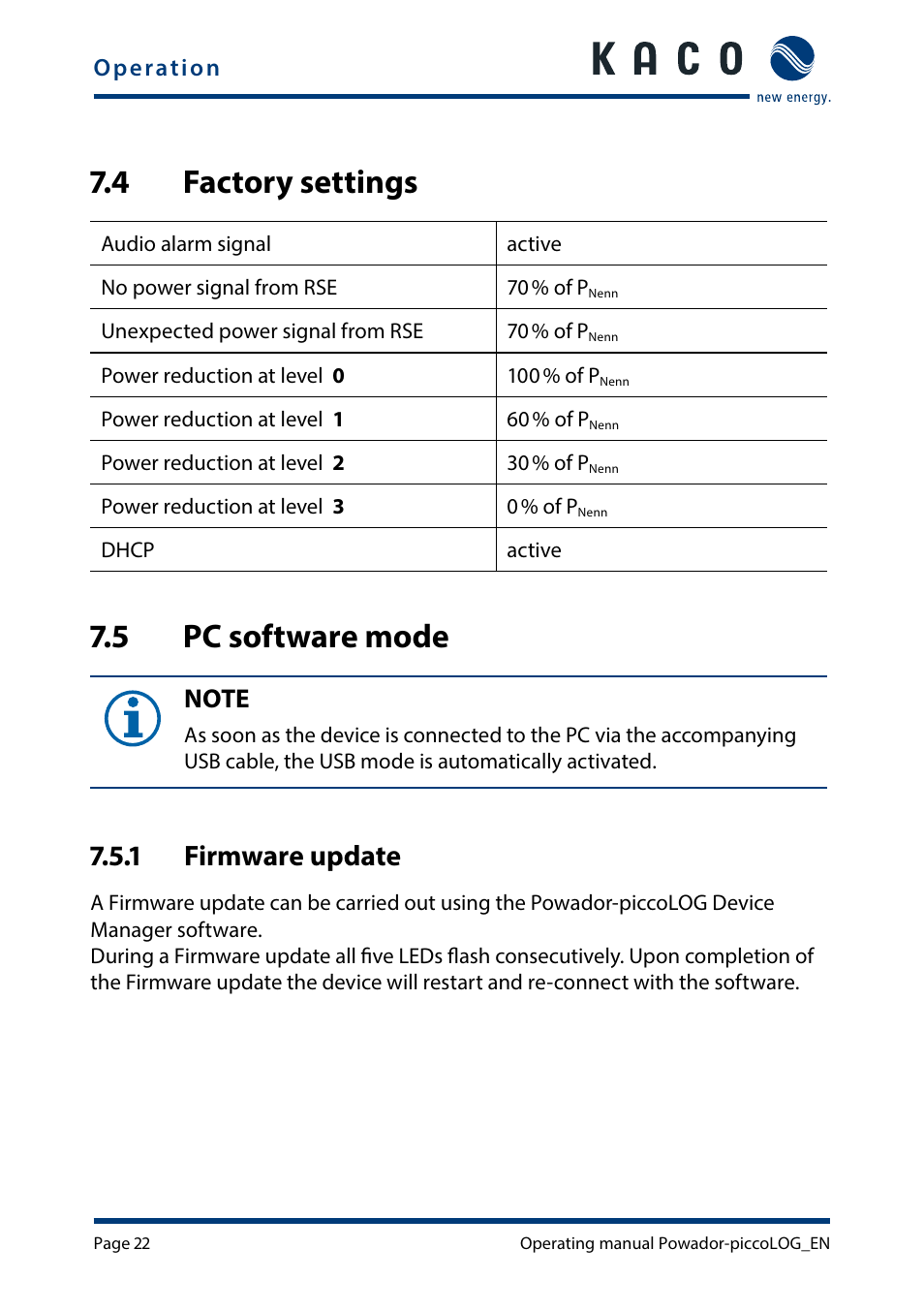 4 factory settings, 5 pc software mode, Factory settings | Pc software mode, 1 firmware update | KACO Powador-piccoLOG User Manual | Page 22 / 28