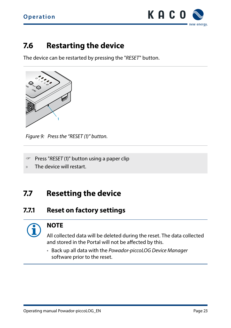 6 restarting the device, 7 resetting the device, Restarting the device | Resetting the device, 1 reset on factory settings | KACO Powador-piccoLOG User Manual | Page 23 / 28