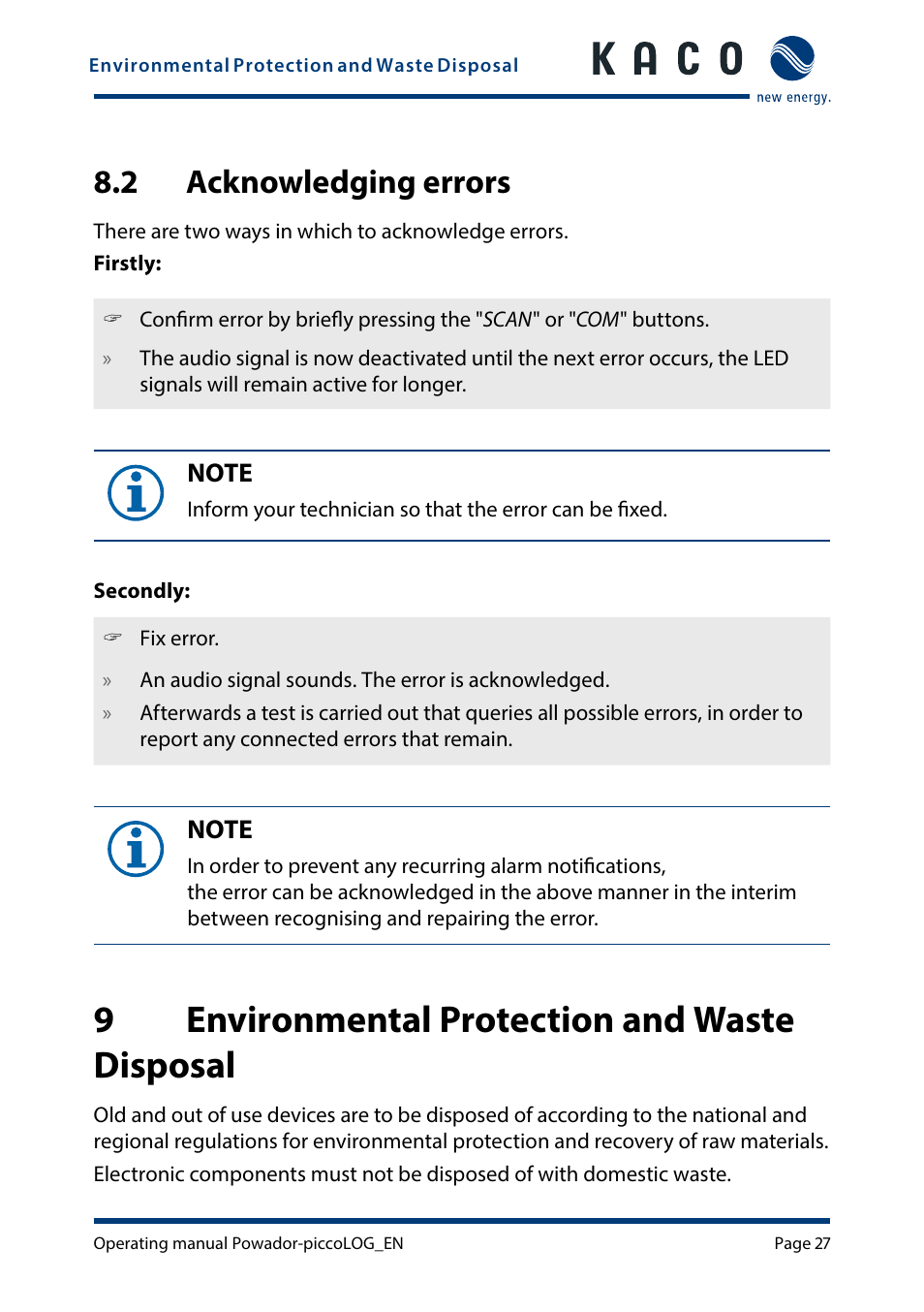 2 acknowledging errors, 9 environmental protection and waste disposal, Acknowledging errors | Environmental protection and waste, Disposal, 9environmental protection and waste disposal | KACO Powador-piccoLOG User Manual | Page 27 / 28