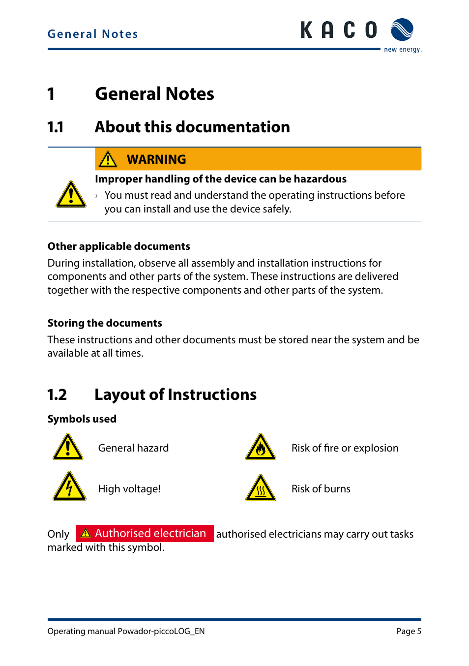 1 general notes, 1 about this documentation, 2 layout of instructions | General notes, About this documentation, Layout of instructions | KACO Powador-piccoLOG User Manual | Page 5 / 28