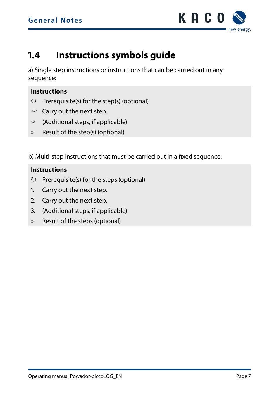 4 instructions symbols guide, Instructions symbols guide | KACO Powador-piccoLOG User Manual | Page 7 / 28