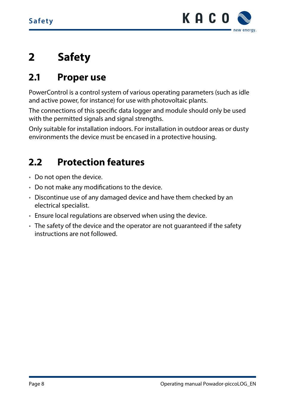 2 safety, 1 proper use, 2 protection features | 2 safety 2.1, Proper use, Protection features, 2safety | KACO Powador-piccoLOG User Manual | Page 8 / 28