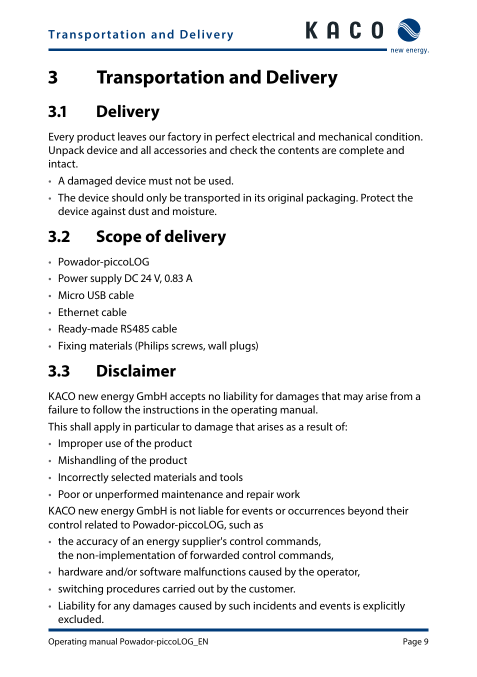3 transportation and delivery, 1 delivery, 2 scope of delivery | 3 disclaimer, Transportation and delivery, 1 delivery 3.2, Scope of delivery, 3transportation and delivery | KACO Powador-piccoLOG User Manual | Page 9 / 28