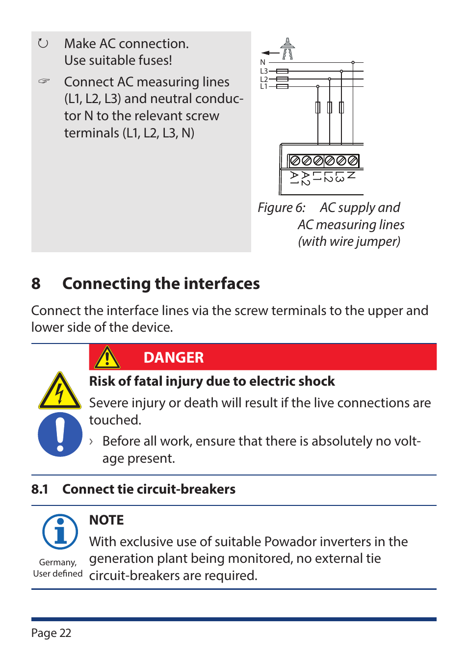 8 connecting the interfaces, Connecting the interfaces, Danger | Page 22 a | KACO Powador-protect User Manual | Page 22 / 52