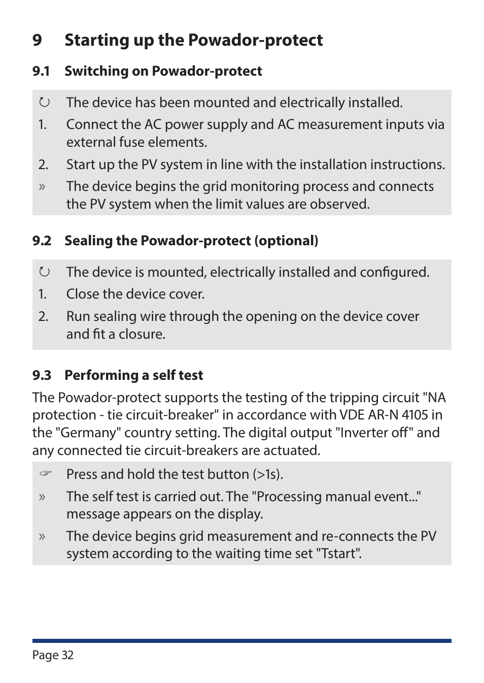 9 starting up the powador-protect, Starting up the powador-protect | KACO Powador-protect User Manual | Page 32 / 52