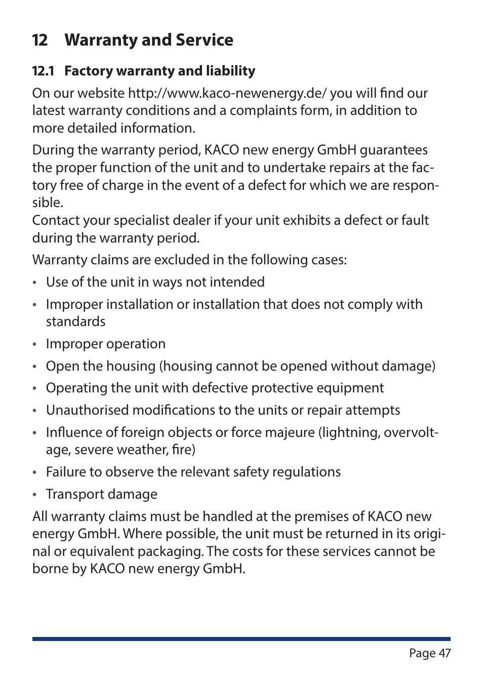 12 warranty and service, Warranty and service | KACO Powador-protect User Manual | Page 47 / 52