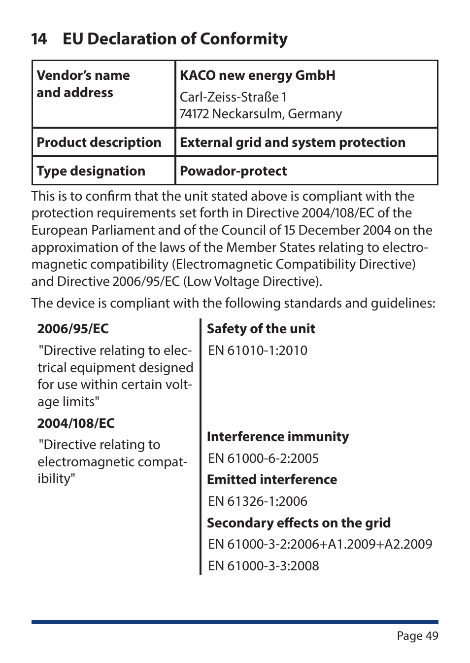 14 eu declaration of conformity, Eu declaration of conformity | KACO Powador-protect User Manual | Page 49 / 52