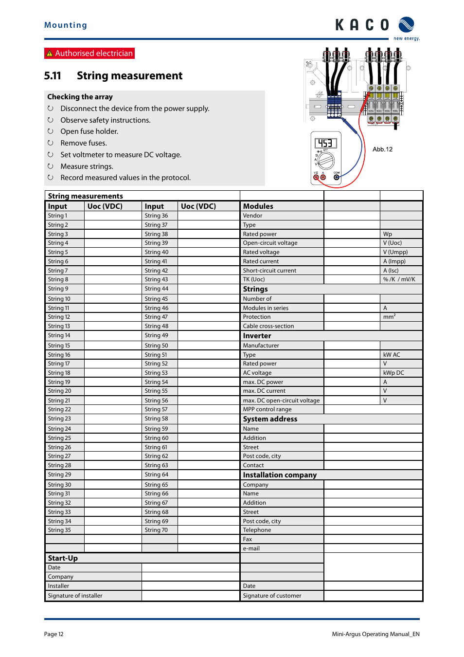 11 string measurement, String measurement, Mounting | Authorised electrician | KACO Powador Mini-Argus User Manual | Page 12 / 16