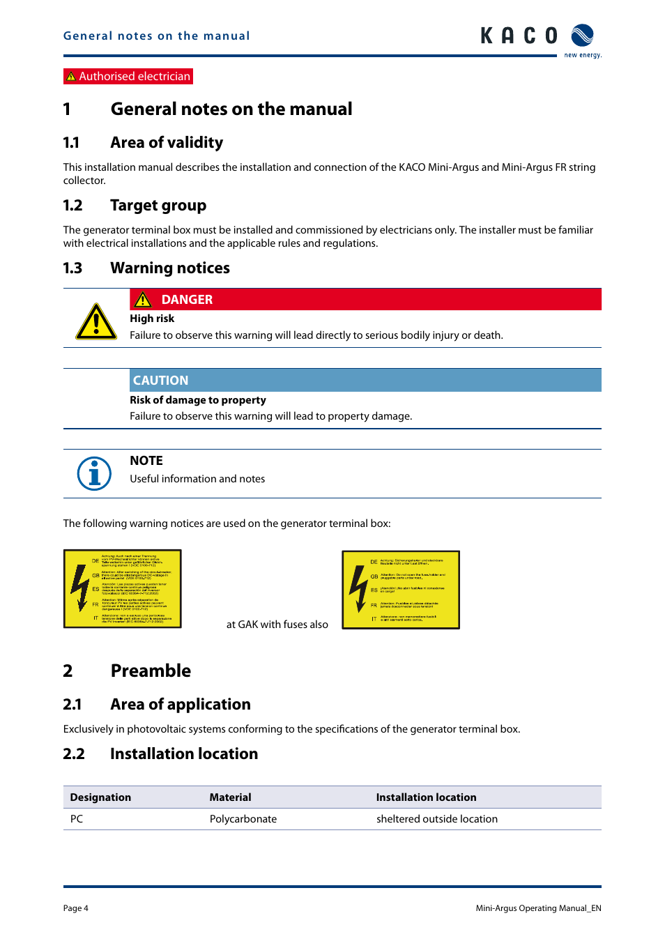 1 general notes on the manual, 1 area of validity, 2 target group | 3 warning notices, 2 preamble, 1 area of application, 2 installation location, General notes on the manual, Area of validity, Target group | KACO Powador Mini-Argus User Manual | Page 4 / 16