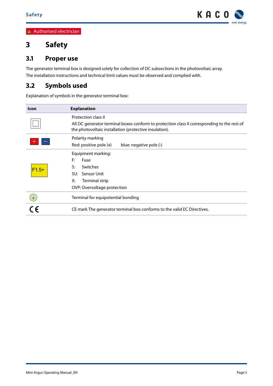 3 safety, 1 proper use, 2 symbols used | 3 safety 3.1, Proper use, Symbols used, 3safety | KACO Powador Mini-Argus User Manual | Page 5 / 16