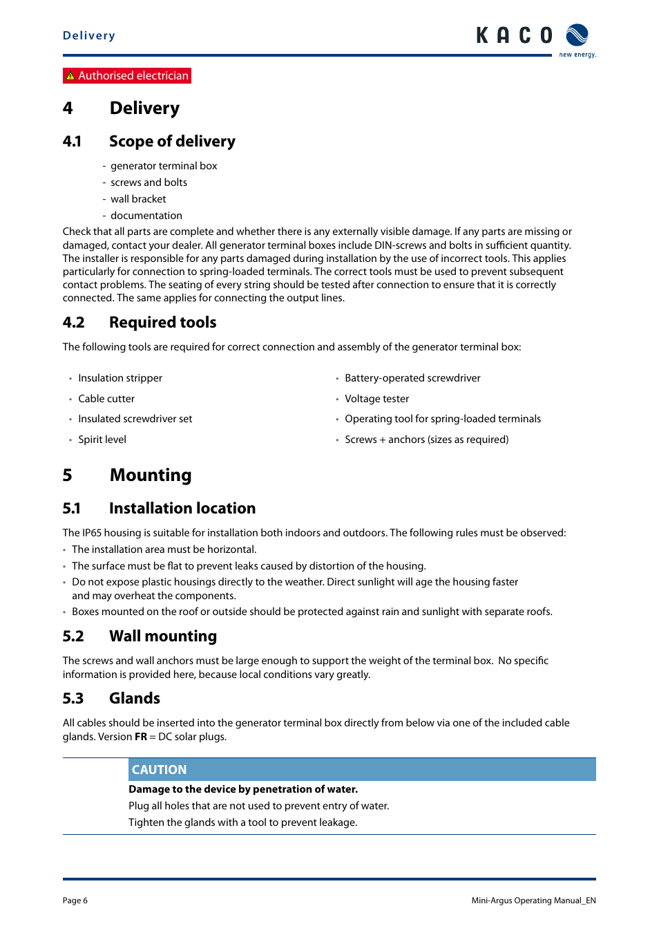 4 delivery, 1 scope of delivery, 2 required tools | 5 mounting, 1 installation location, 2 wall mounting, 3 glands, 4 delivery 4.1, Scope of delivery, Required tools | KACO Powador Mini-Argus User Manual | Page 6 / 16