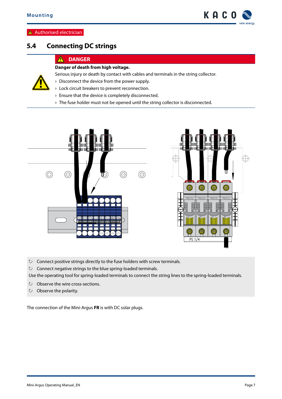 4 connecting dc strings, Connecting dc strings | KACO Powador Mini-Argus User Manual | Page 7 / 16