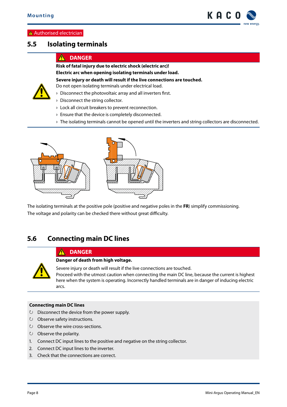 5 isolating terminals, 6 connecting main dc lines, Isolating terminals | Connecting main dc lines | KACO Powador Mini-Argus User Manual | Page 8 / 16