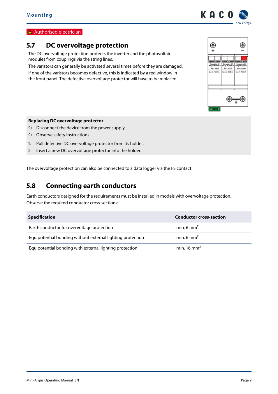 7 dc overvoltage protection, 8 connecting earth conductors, Dc overvoltage protection | Connecting earth conductors | KACO Powador Mini-Argus User Manual | Page 9 / 16