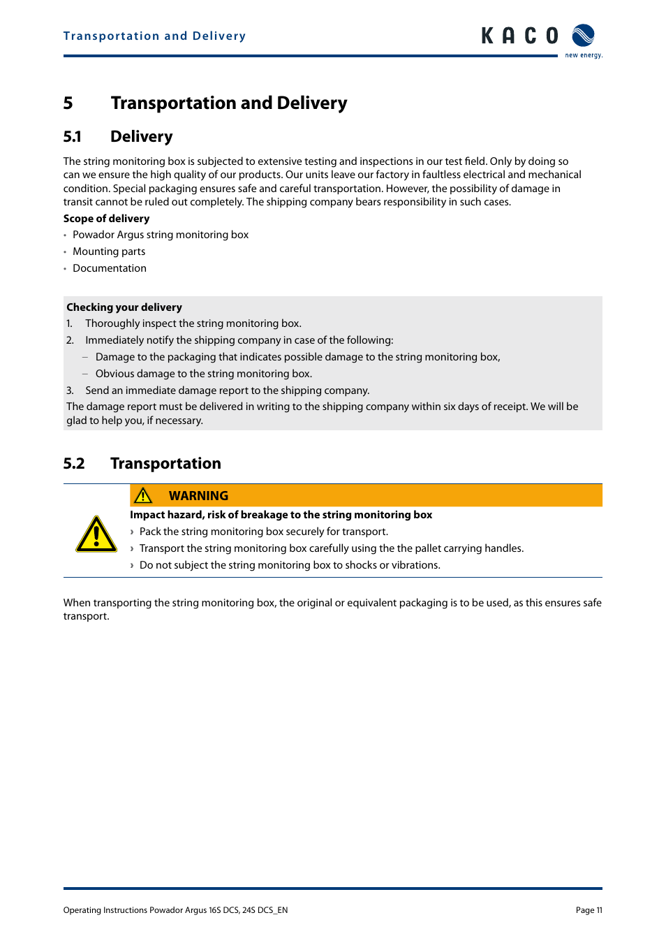 5 transportation and delivery, 1 delivery, 2 transportation | Transportation and delivery, 1 delivery 5.2 transportation, 5transportation and delivery | KACO Powador Argus 16S DCS User Manual | Page 11 / 32