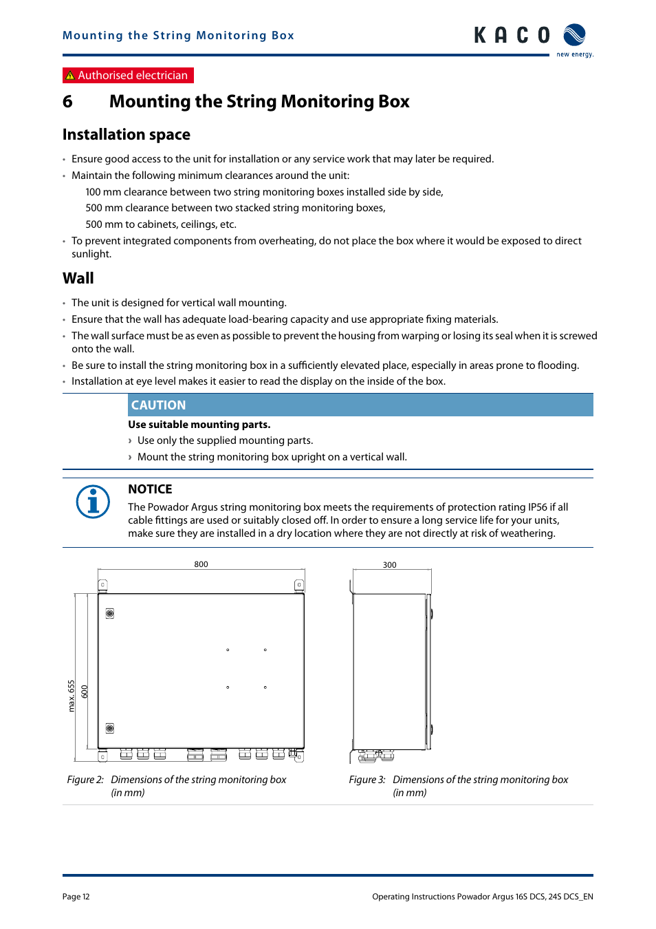 6 mounting the string monitoring box, Mounting the string monitoring box, 6mounting the string monitoring box | Installation space, Wall | KACO Powador Argus 16S DCS User Manual | Page 12 / 32