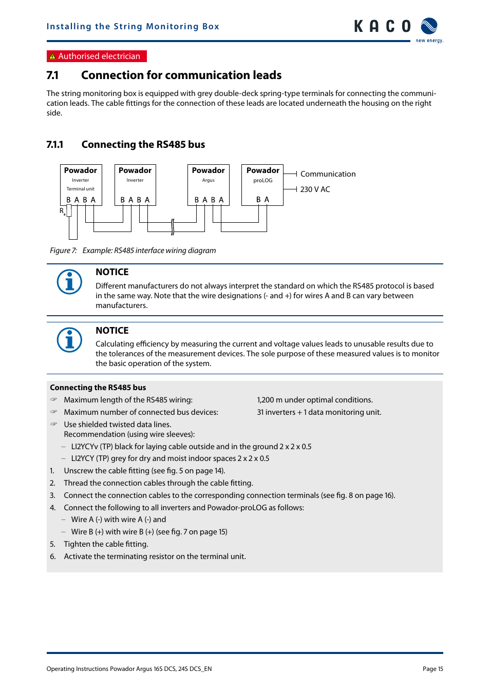 1 connection for communication leads, Connection for communication leads, 1 connecting the rs485 bus | KACO Powador Argus 16S DCS User Manual | Page 15 / 32