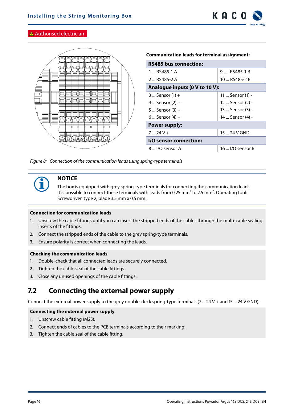 2 connecting the external power supply, Connecting the external power supply, Notice | KACO Powador Argus 16S DCS User Manual | Page 16 / 32