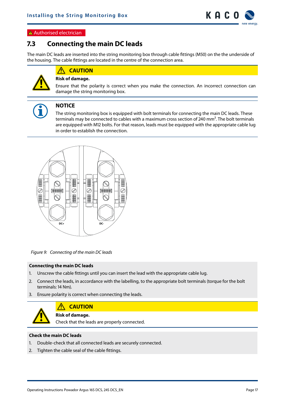 3 connecting the main dc leads, Connecting the main dc leads | KACO Powador Argus 16S DCS User Manual | Page 17 / 32