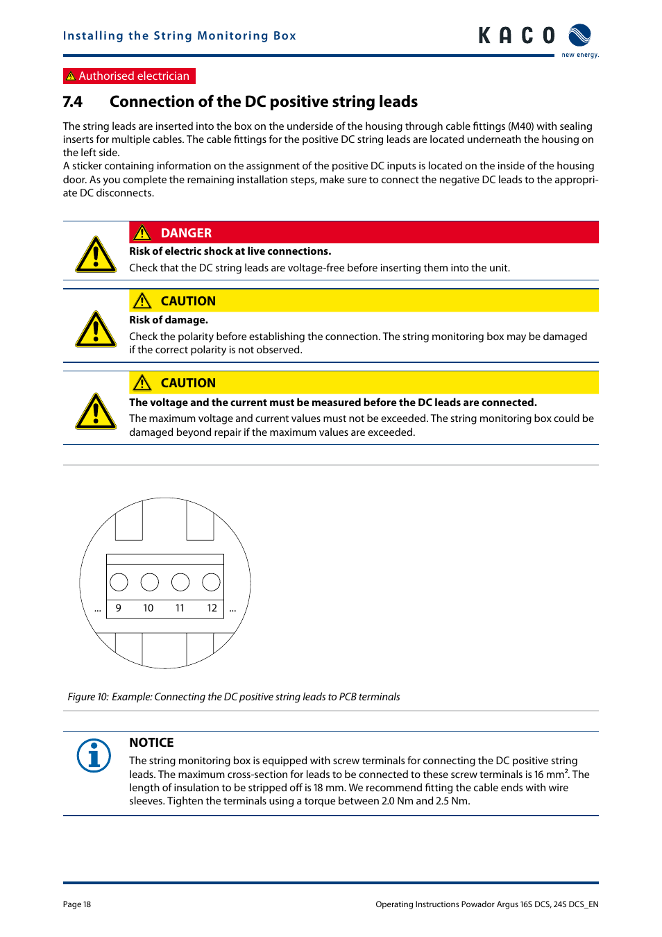 4 connection of the dc positive string leads, Connection of the dc positive string, Leads | KACO Powador Argus 16S DCS User Manual | Page 18 / 32