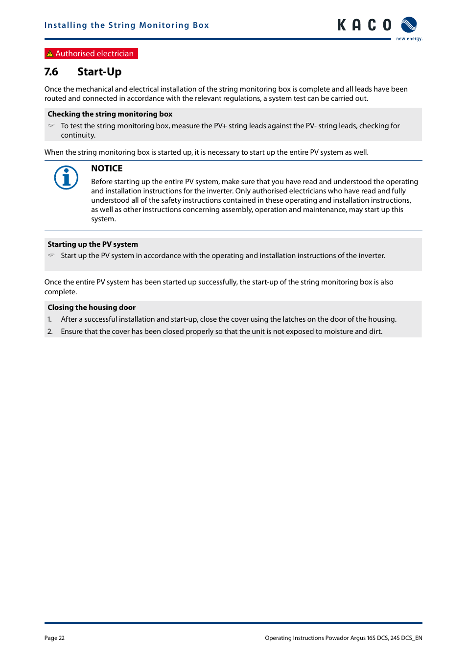 6 start-up | KACO Powador Argus 16S DCS User Manual | Page 22 / 32