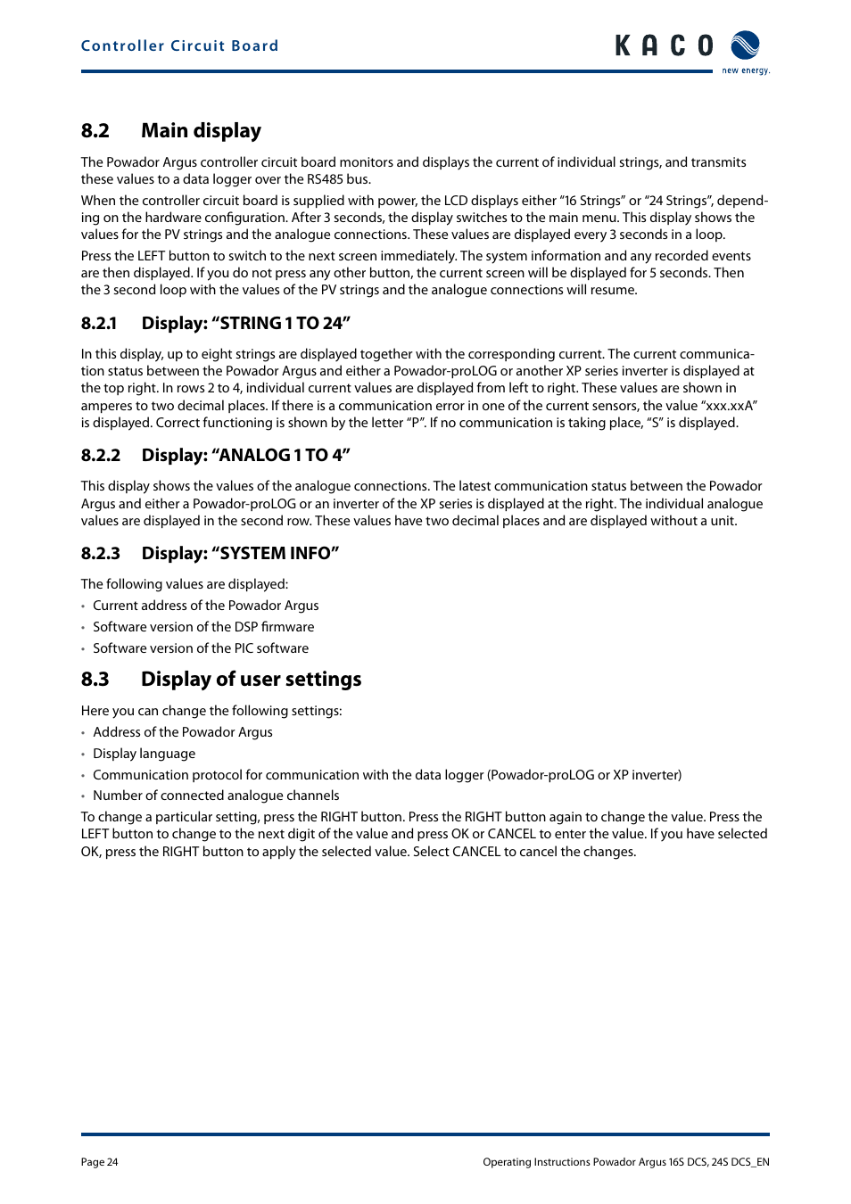 2 main display, 3 display of user settings, Main display | Display of user settings | KACO Powador Argus 16S DCS User Manual | Page 24 / 32