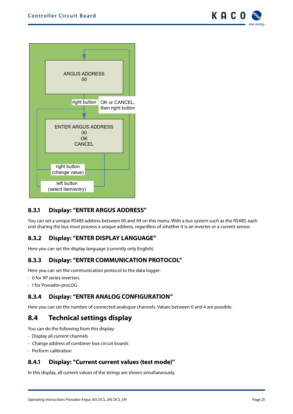 4 technical settings display, Technical settings display, 1 display: “enter argus address | 2 display: “enter display language, 3 display: “enter communication protocol, 4 display: “enter analog configuration, 1 display: “current current values (test mode) | KACO Powador Argus 16S DCS User Manual | Page 25 / 32