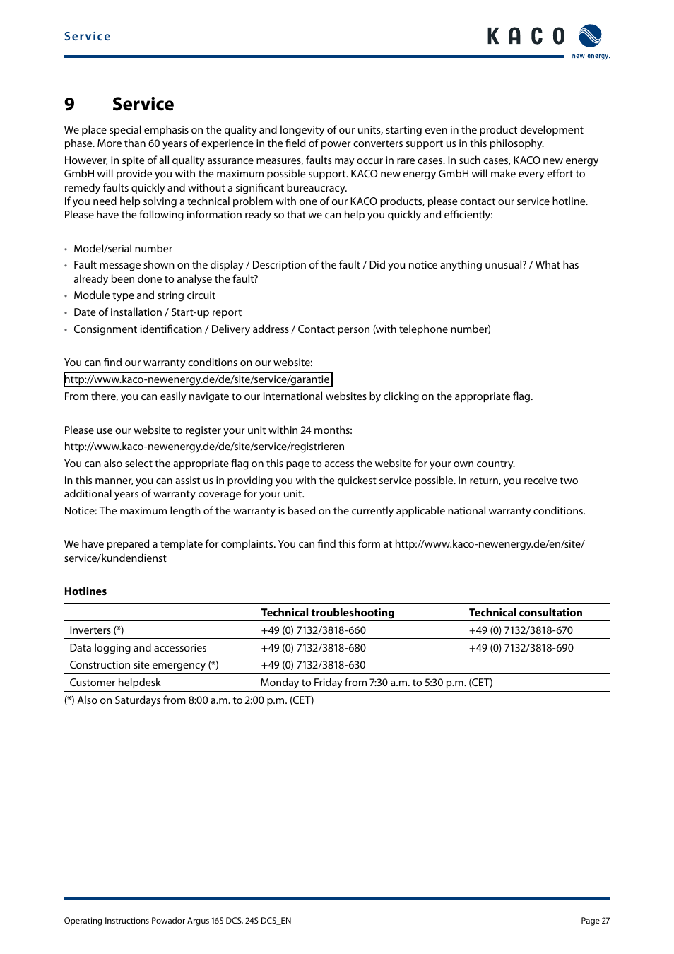 9 service, 9service | KACO Powador Argus 16S DCS User Manual | Page 27 / 32