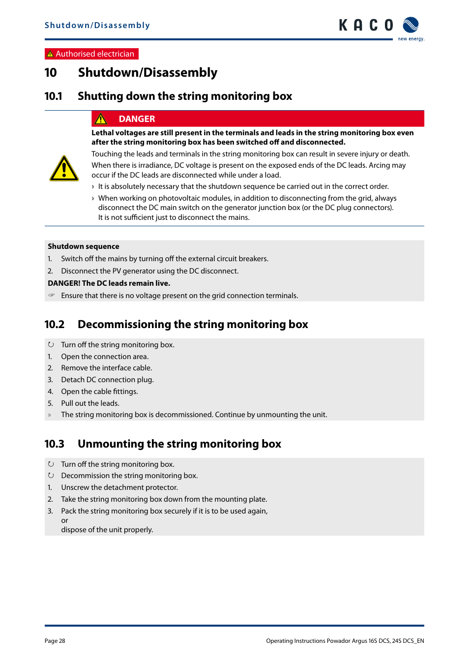 10 shutdown/disassembly, 1 shutting down the string monitoring box, 2 decommissioning the string monitoring box | 3 unmounting the string monitoring box, Monitoring box, 2 decommissioning the string | KACO Powador Argus 16S DCS User Manual | Page 28 / 32