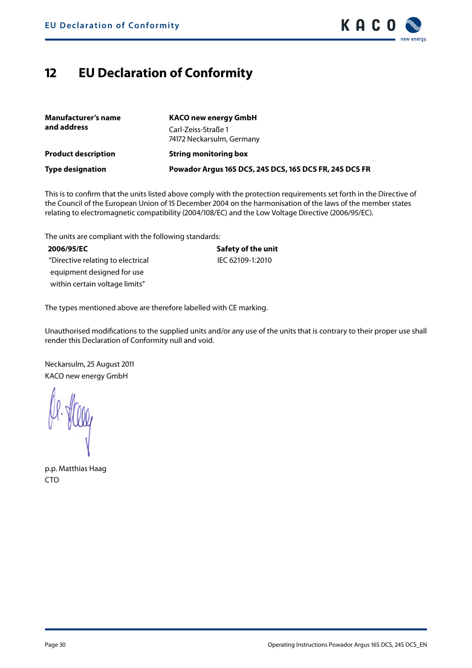 12 eu declaration of conformity, Eu declaration of conformity | KACO Powador Argus 16S DCS User Manual | Page 30 / 32